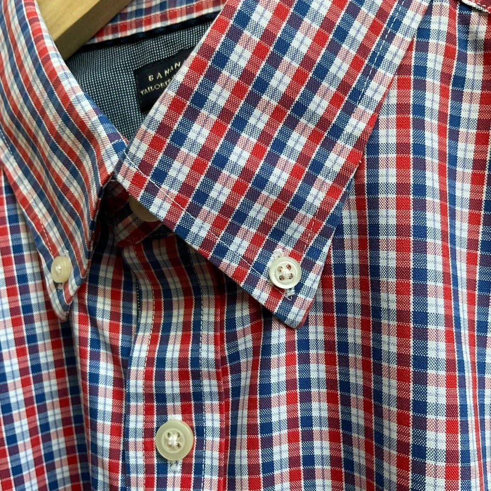 Banana Republic Tailored Slim Fit Non Iron Shirt Red Blue Check Button Down